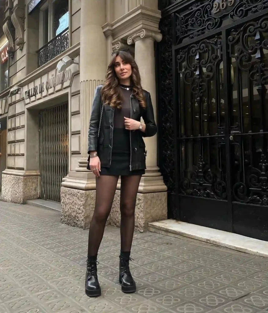 Black Leather Jacket with Mini Skirt and Combat Boots Fall Outfit