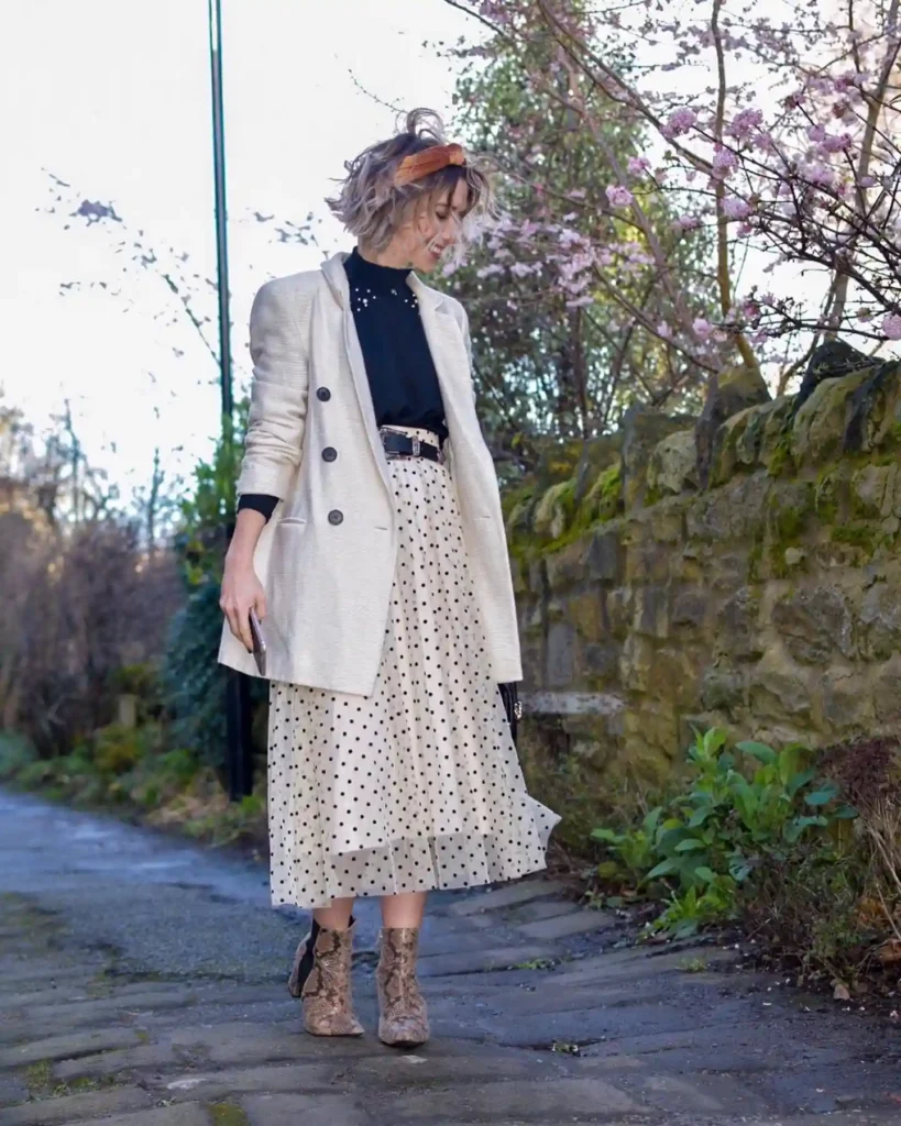 Cream Blazer with Polka Dot Skirt and Snake Print Ankle Boots
