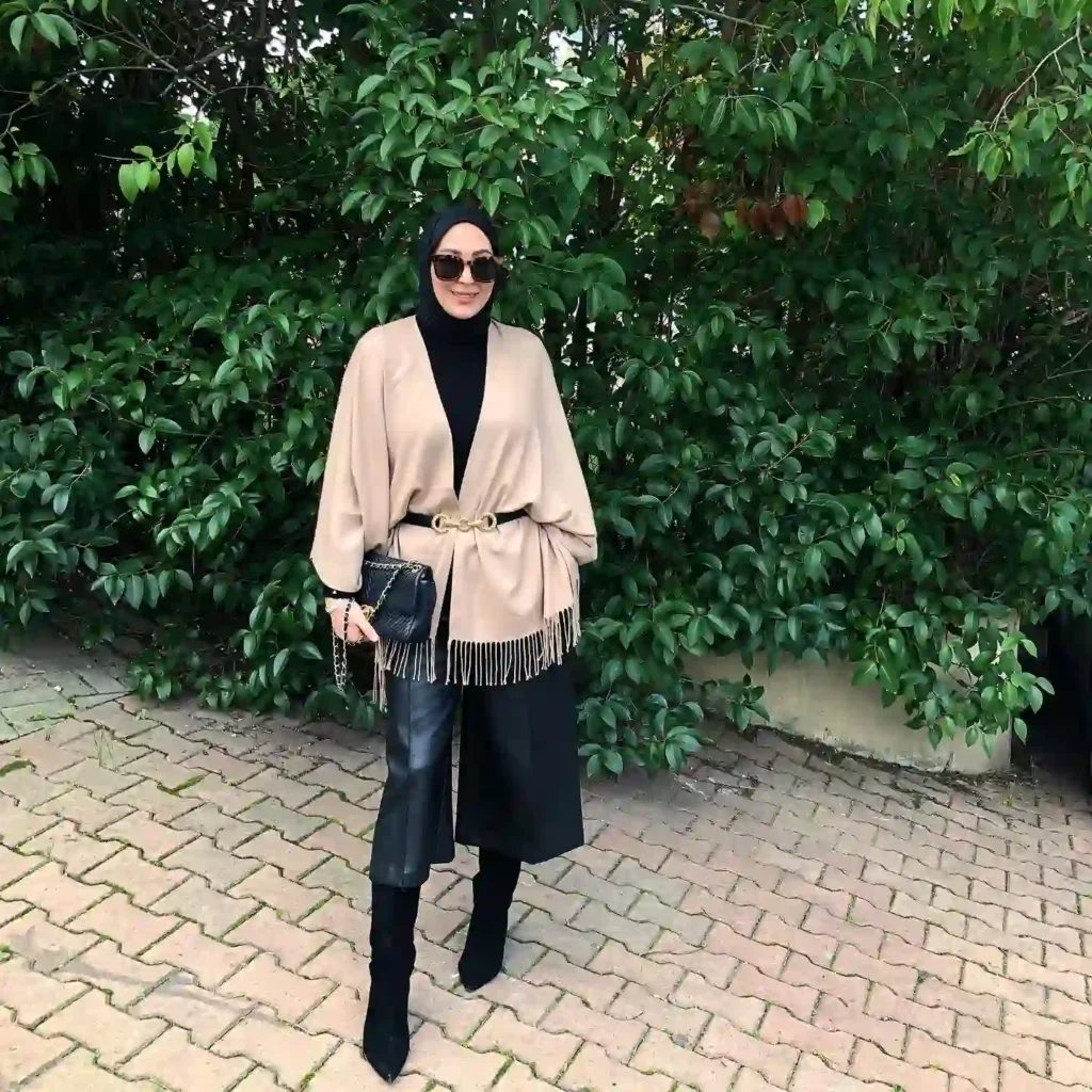 Belted Poncho with Black Boots Fall Outfit for Work