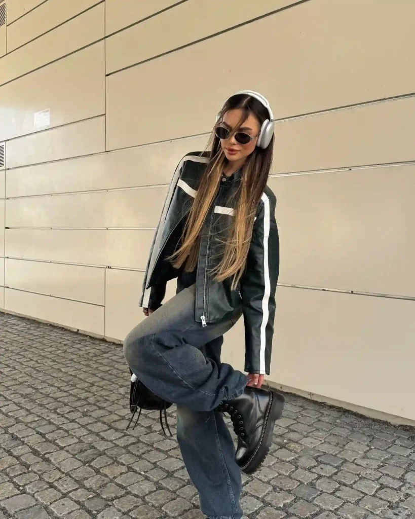 Moto Jacket with Baggy Jeans and Chunky Black Boots Fall Outfit