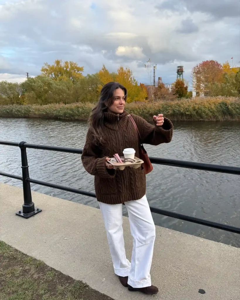 Brown Loafers with Zip-Up Cable Knit and White Jeans
