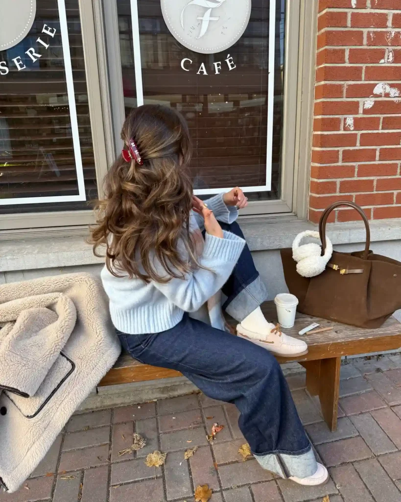 Cream Loafers with Baby Blue Sweater and Cuffed Jeans