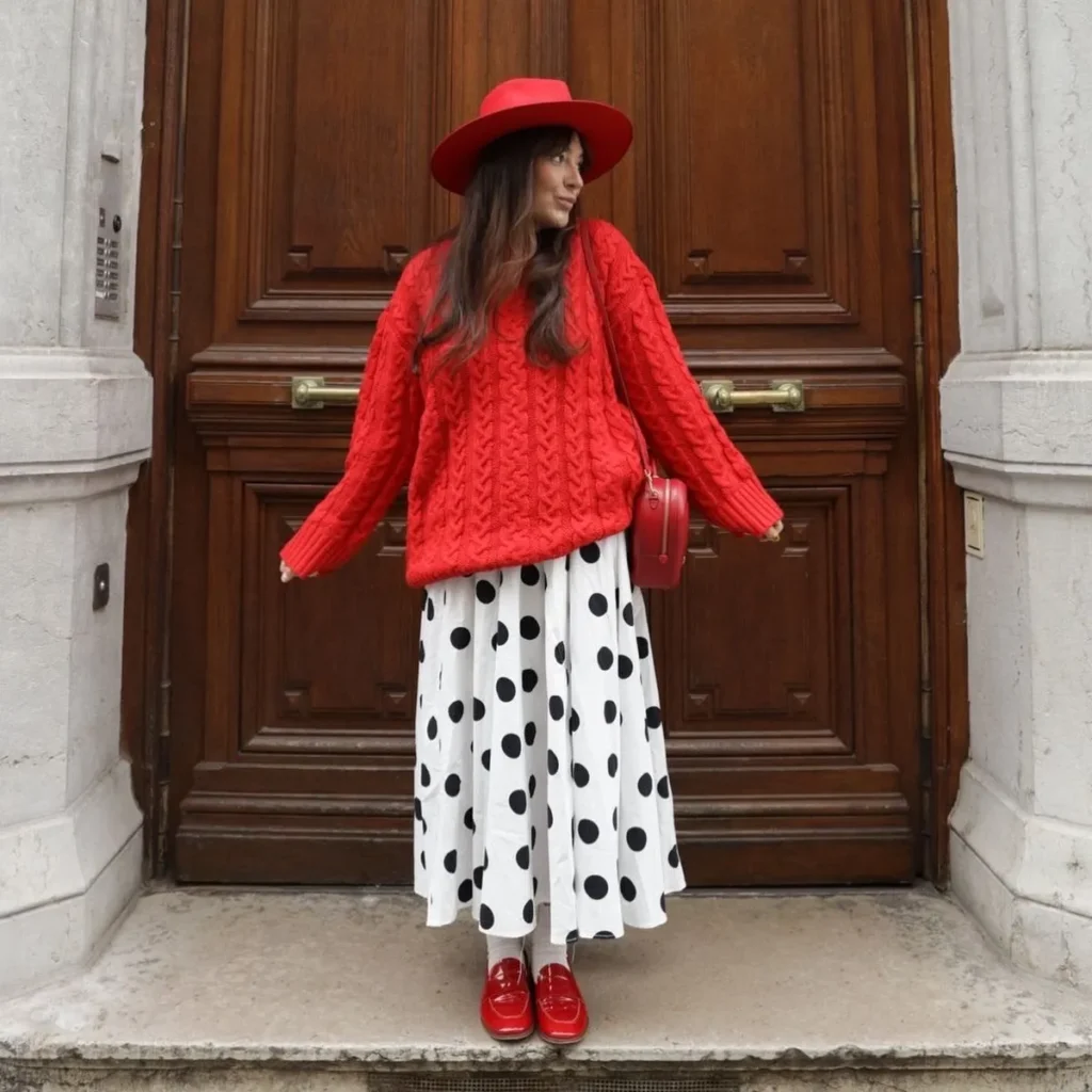 Red Loafers with Cable Knit and Polka Dot Skirt