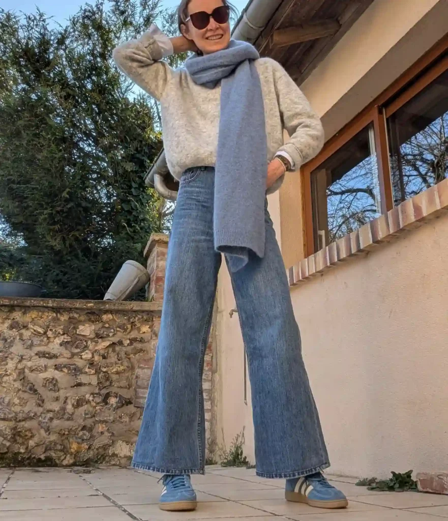Grey Knit Sweater with Flared Jeans Adidas Spezial Outfit