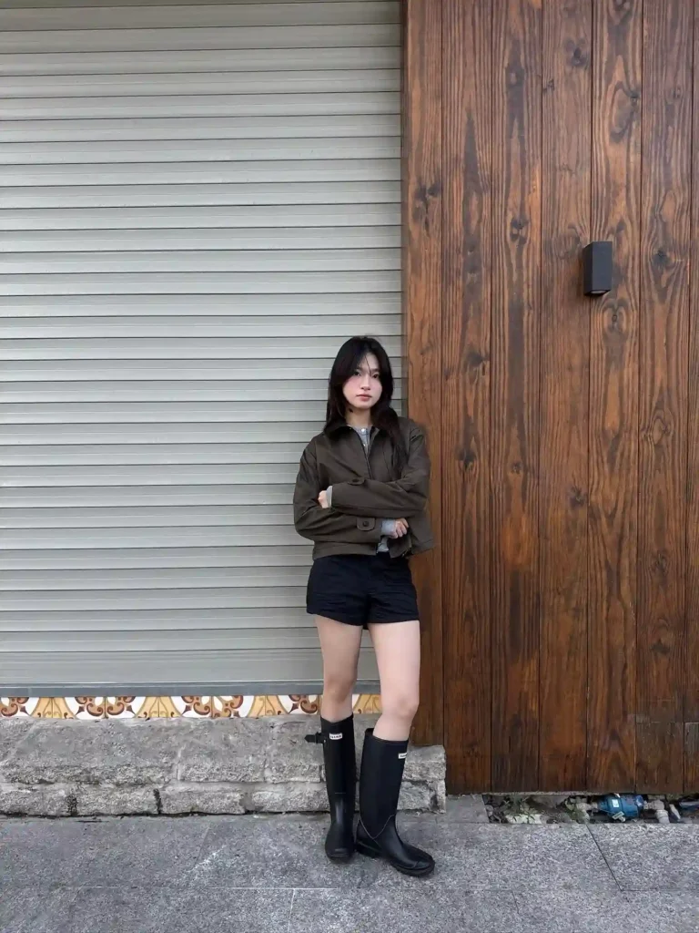 Cropped Olive Jacket with Black Rain Boots Fall Outfit