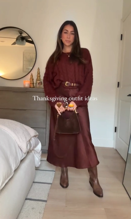 Burgundy Sweater Skirt Set with Brown Ankle Boots Thanksgiving Outfit