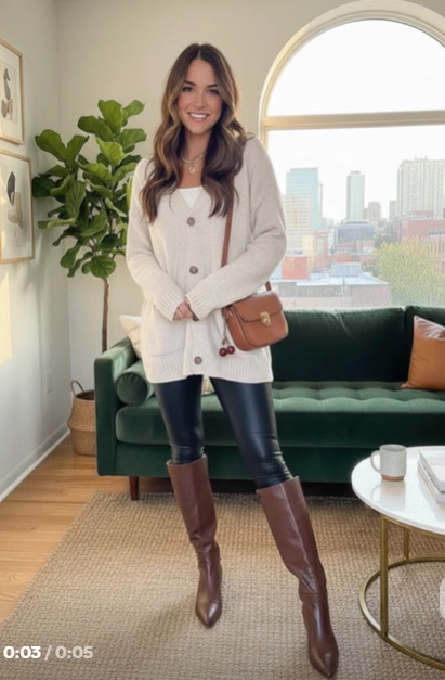 Cream Cardigan with Leather Leggings
