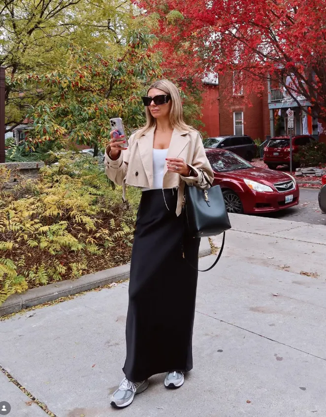 Cropped Trench Jacket with Satin Maxi Skirt