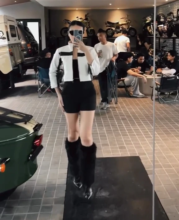 Monochrome Top with Black Shorts and Fluffy Boots