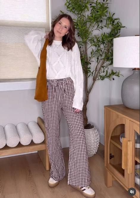Cable Knit Sweater with Gingham Pants