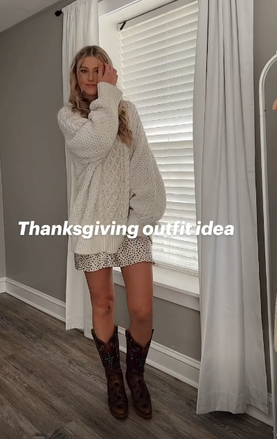 Chunky Cream Sweater over Floral Dress with Brown Boots