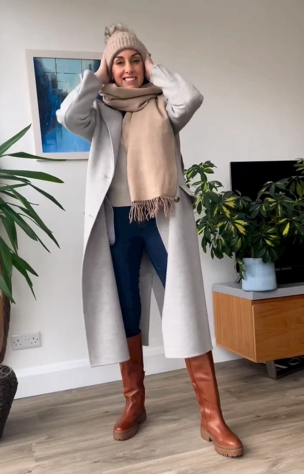 Grey Longline Coat with Tan Knee High Boots and Skinny Jeans Outfit