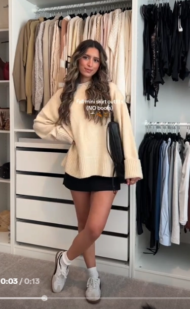 Oversized Cream Sweater with Black Mini Skirt