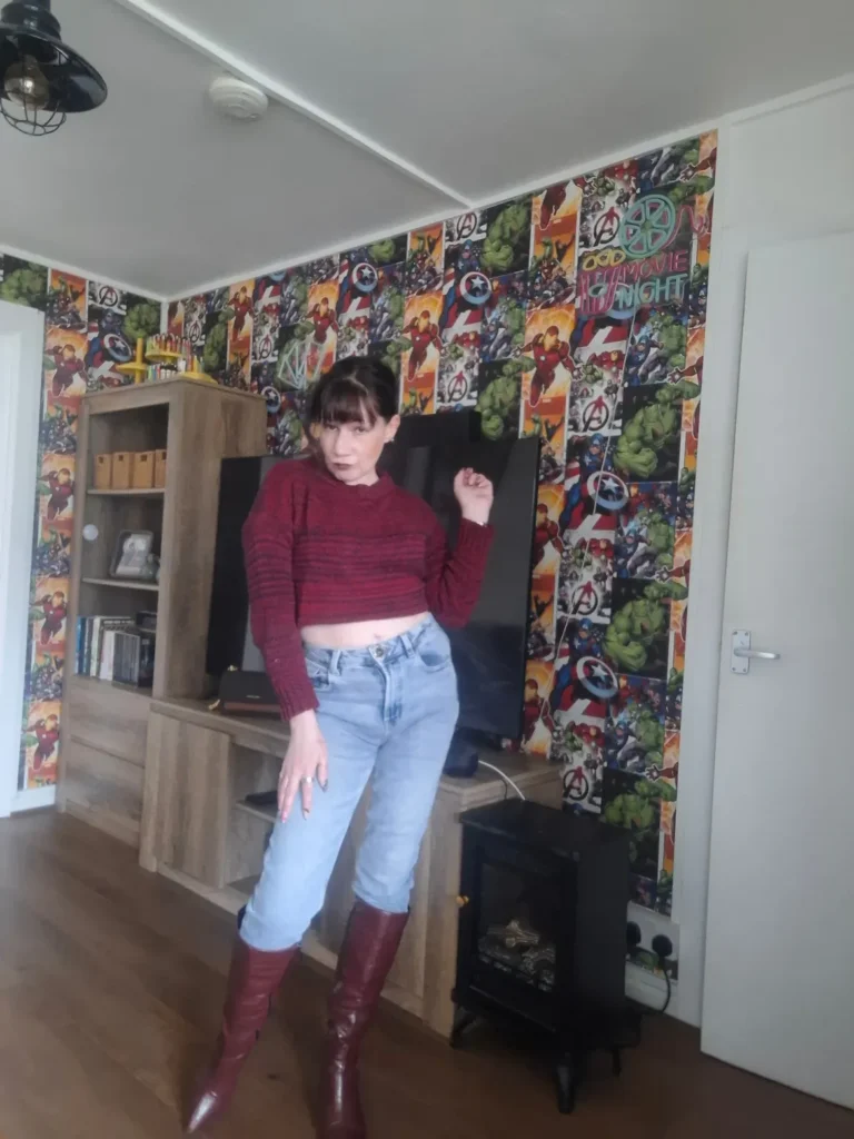 Cropped Knit with Burgundy Knee High Boots and Straight-Leg Jeans Outfit