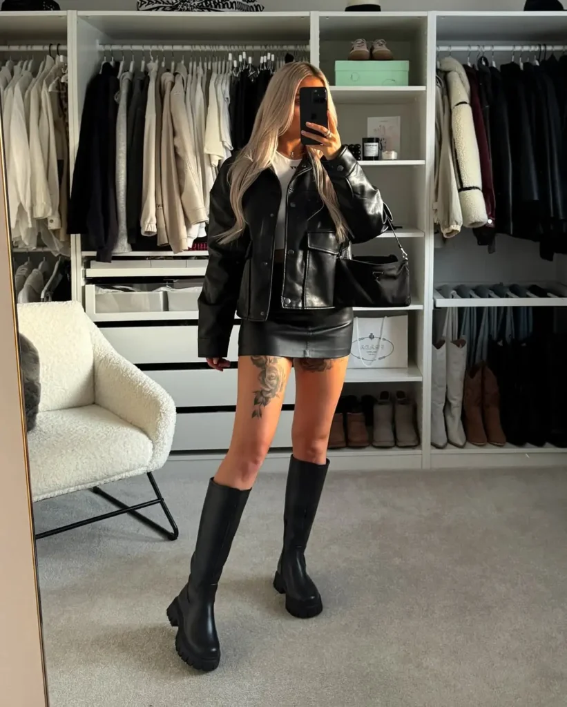 Leather Jacket and Skirt Set with Chunky Knee-High Boots
