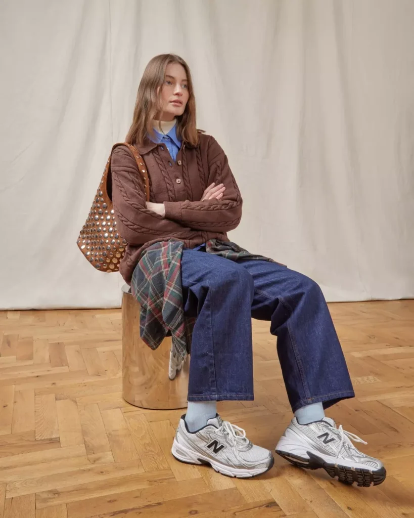 Brown Cable-Knit Cardigan with Dark Denim and New Balance 740