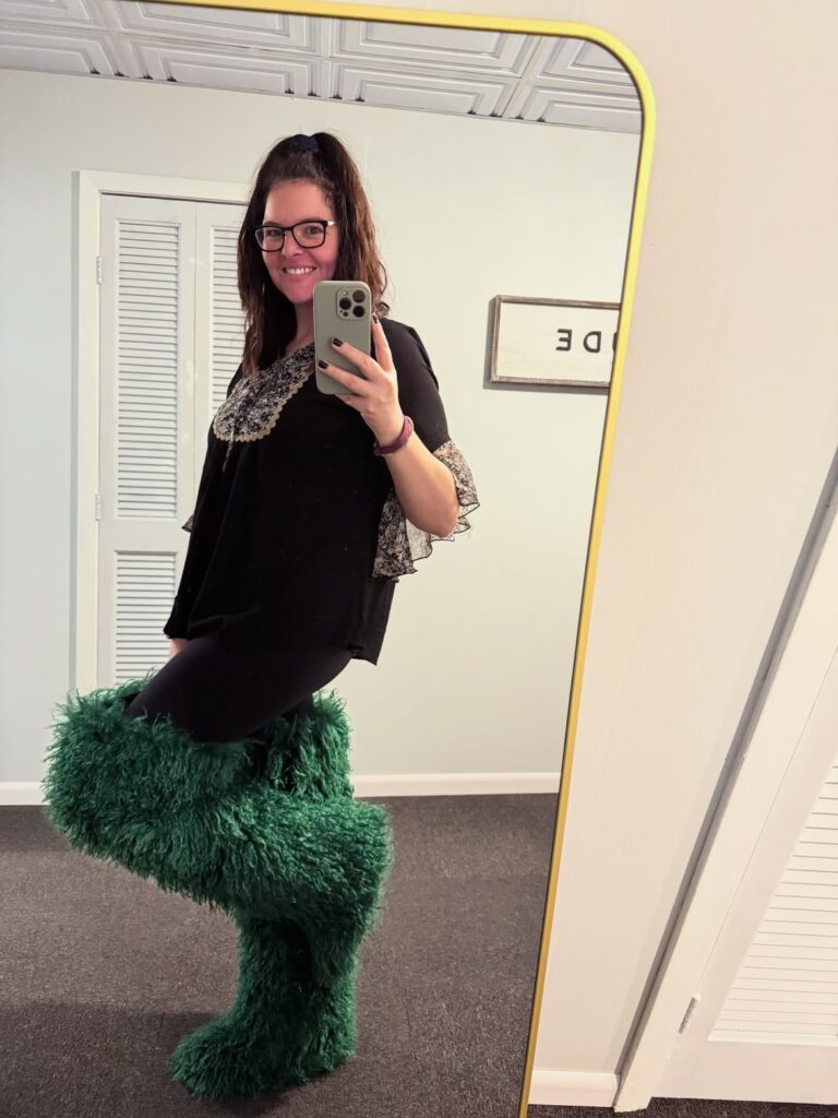 Black Blouse with Leggings and Green Fur Boots