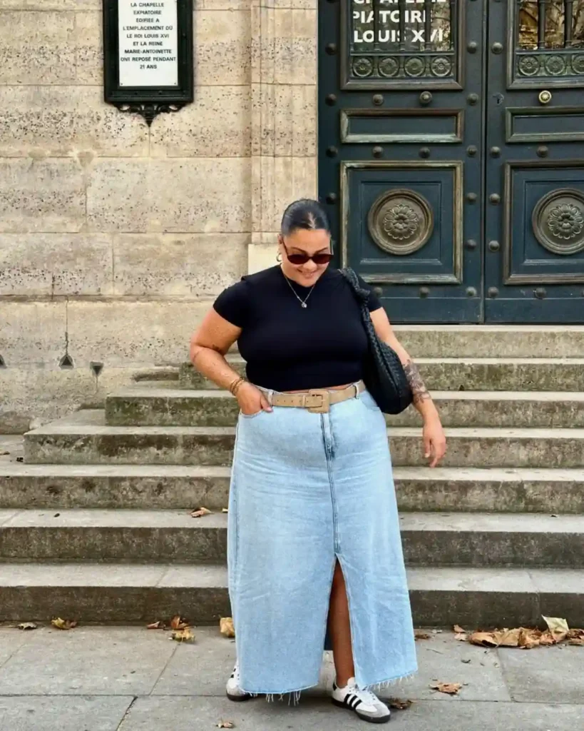 Black Tee with a Denim Maxi Skirt and White Sambas
