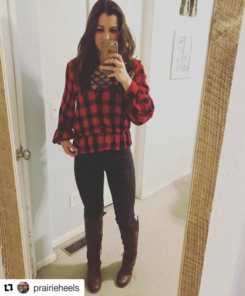 Plaid Peplum Top with Brown Knee High Boots and Skinny Jeans Outfit