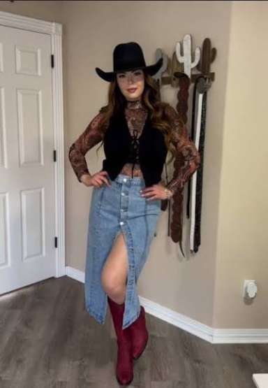 Denim Midi Skirt with Lace Top and Red Boots