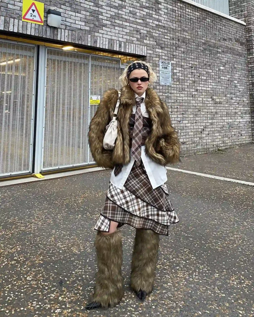 Plaid Layers with Fur Coat and Fur Leg Warmers