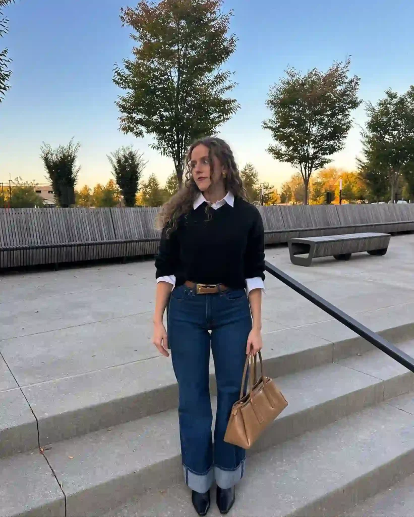 Black Sweater with White Shirt and Cuffed Jeans
