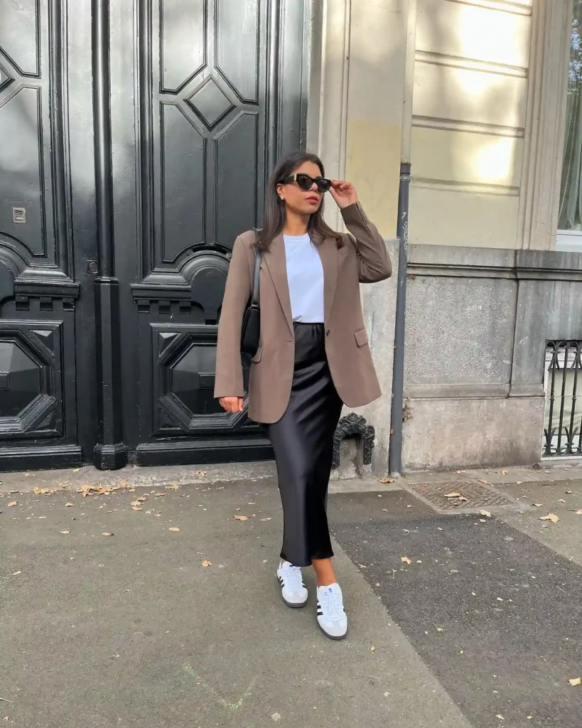 Brown Blazer with Black Satin Skirt and Adidas Samba