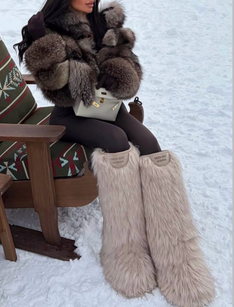 Silver Fur Coat with Fluffy Designer Furry Boots Winter Outfit