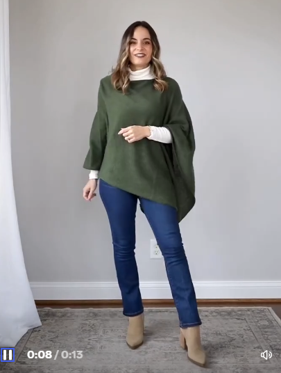 Green Poncho with White Turtleneck and Ankle Boots Thanksgiving Outfit