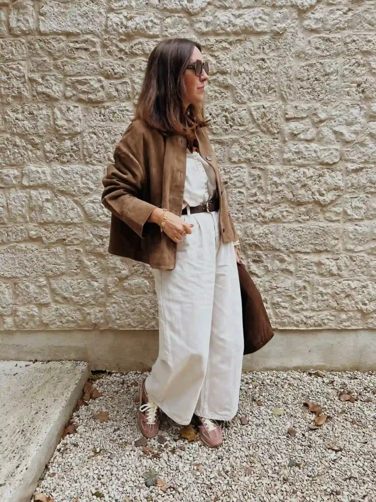 Brown Suede Jacket with Cream Wide-Leg Pants Outfit