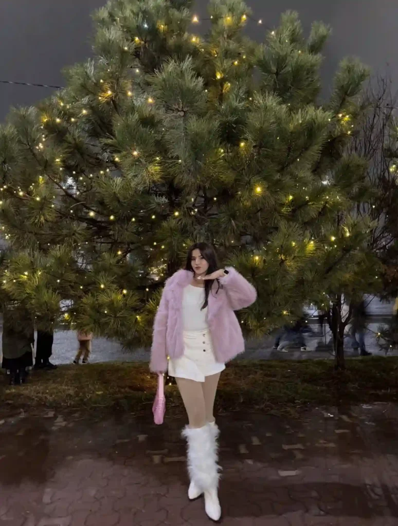 Pink Fur Coat with White Furry Heel Boots Winter Outfit