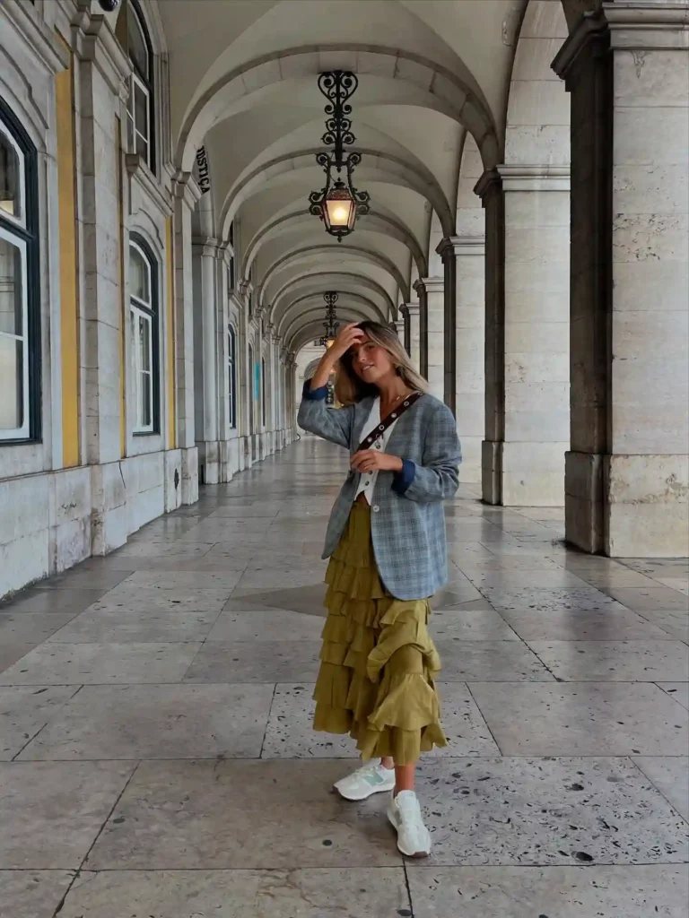 Plaid Blazer with Ruffled Olive Skirt Outfit