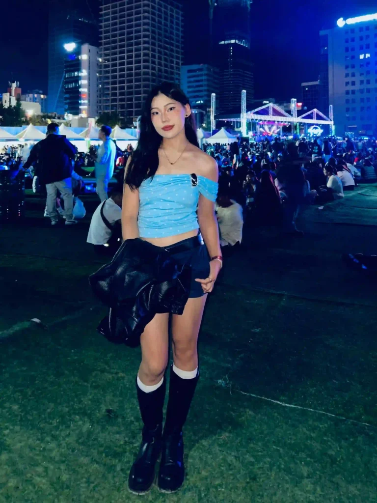 Blue Off-Shoulder Top with Mini Skirt and Combat Boots Festival Look