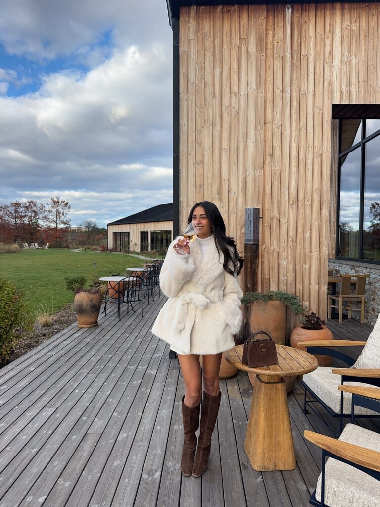 Cream Faux Fur Coat with Brown Knee-High Boots Thanksgiving Outfit
