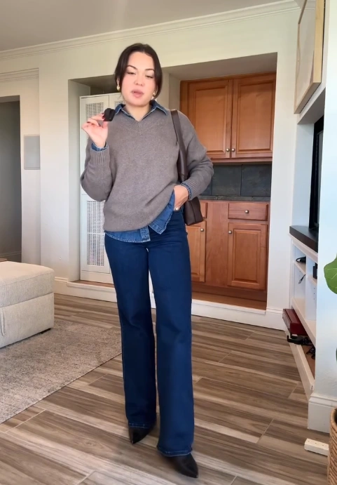 Layered Sweater over Denim Shirt with Wide-Leg Jeans and Black Boots
