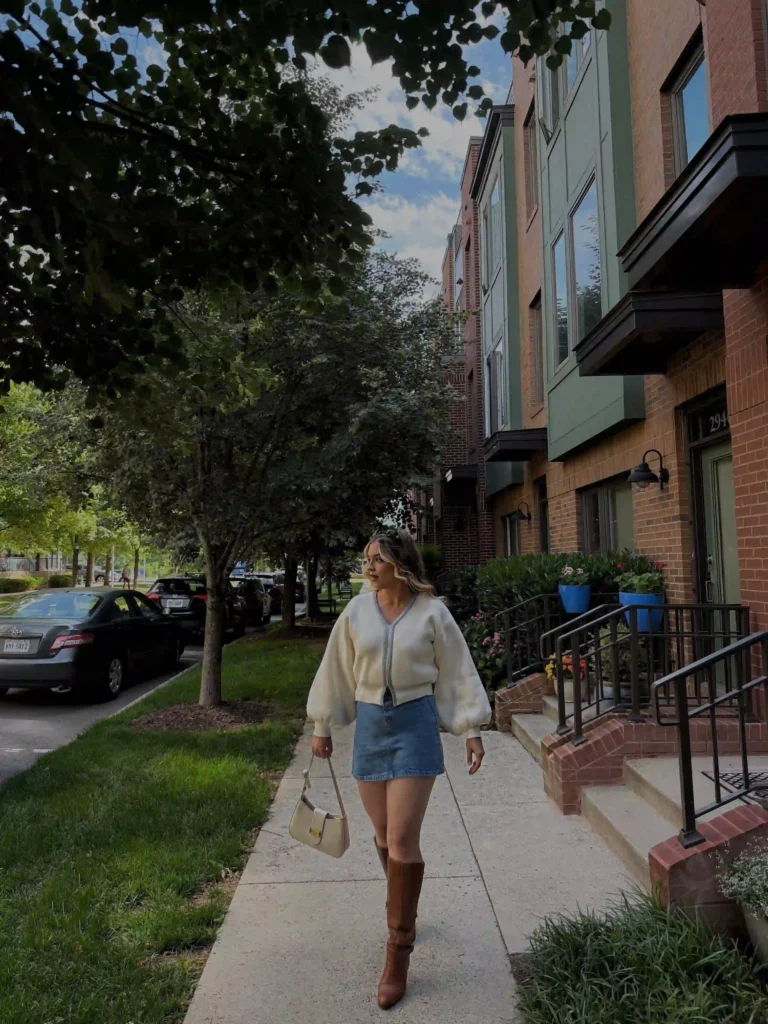 Cream Cardigan with Denim Skirt and Boots