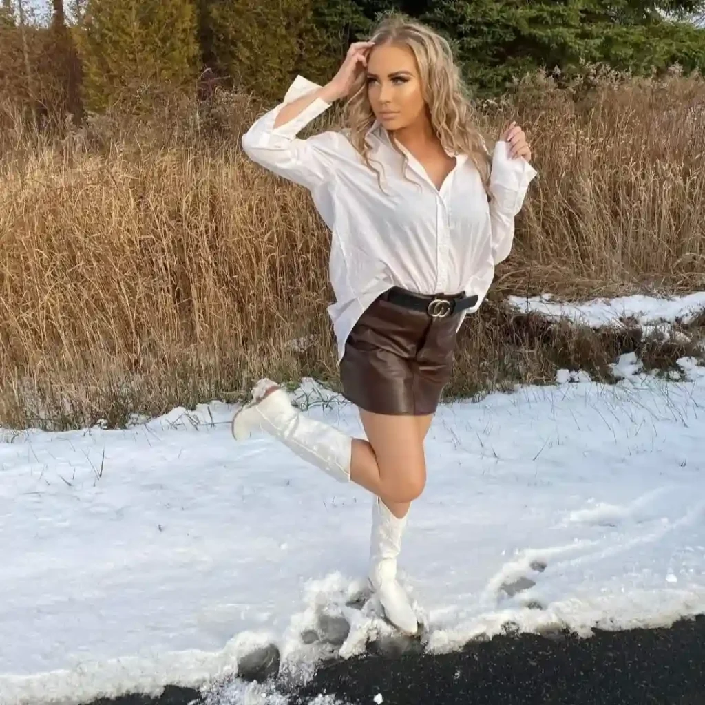 White Shirt with Leather Skirt and White Cowboy Boots