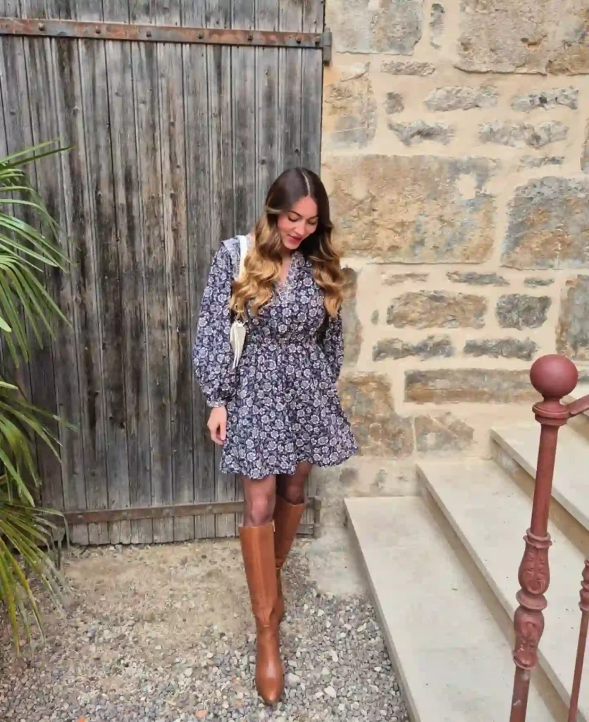Floral Mini Dress with Tan Leather Knee High Boots