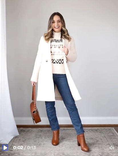 White Coat with Patterned Sweater and Jeans Thanksgiving Outfit