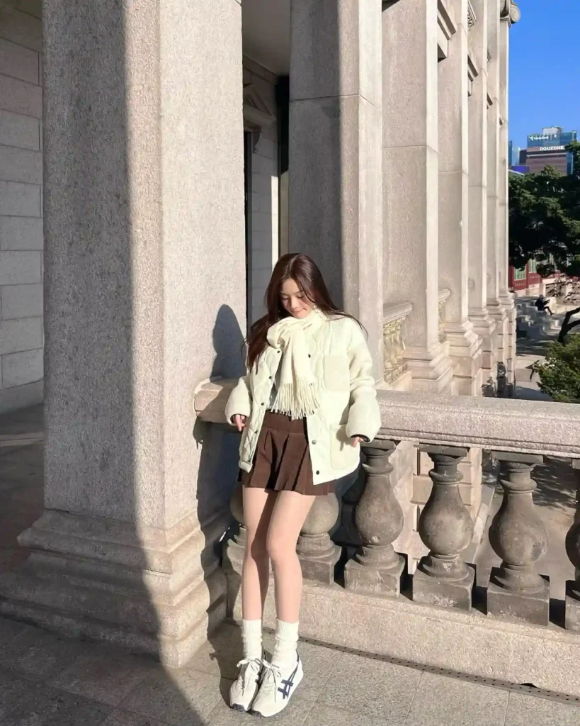 Cream Quilted Jacket with Brown Pleated Skirt Outfit
