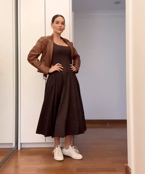 Black Midi Dress and Leather Jacket with New Balance T500 Outfit