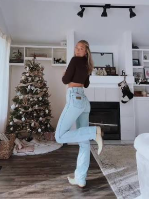 Brown Crop Sweater with Light Jeans and Cream Boots
