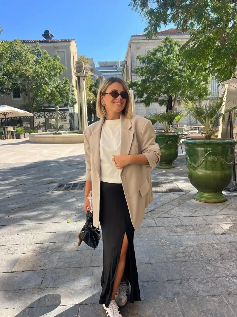 Beige Blazer with Side-Slit Satin Skirt and Adidas Samba