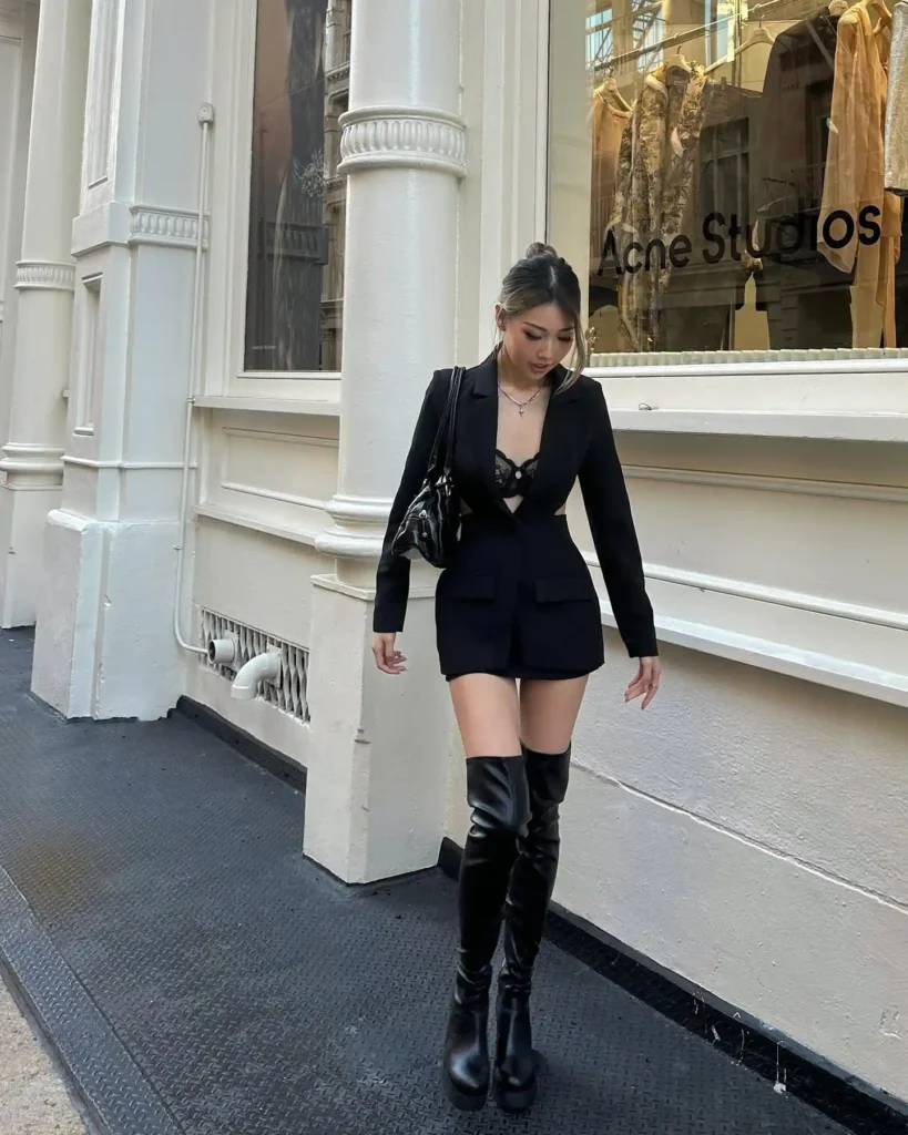 Cut-Out Blazer Dress with Thigh-High Boots City Look
