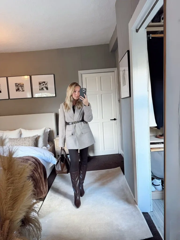 Gray Blazer with Brown Knee-High Boots