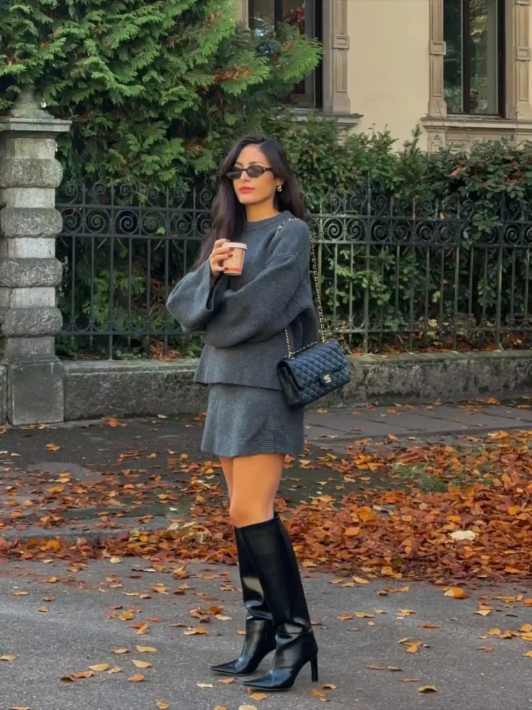 Grey Knit Sweater and Mini Skirt with Black Knee High Boots