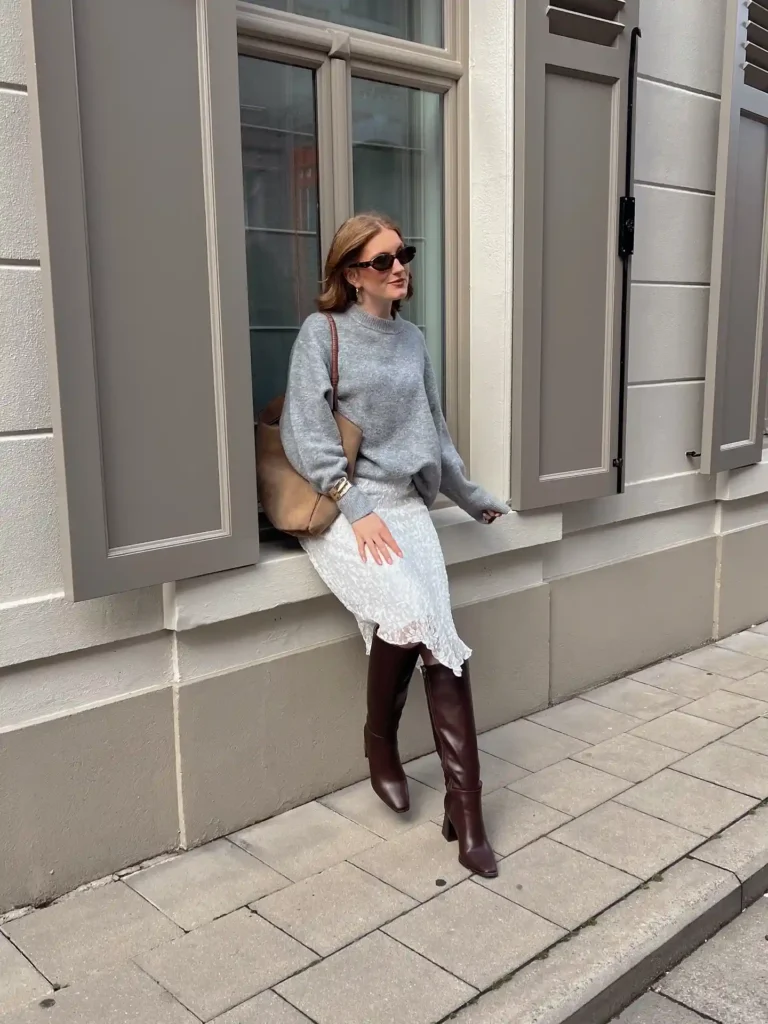 Gray Sweater with Lace Midi Skirt and Boots
