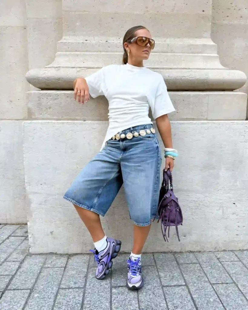 White Tee with Baggy Denim Jorts Outfit