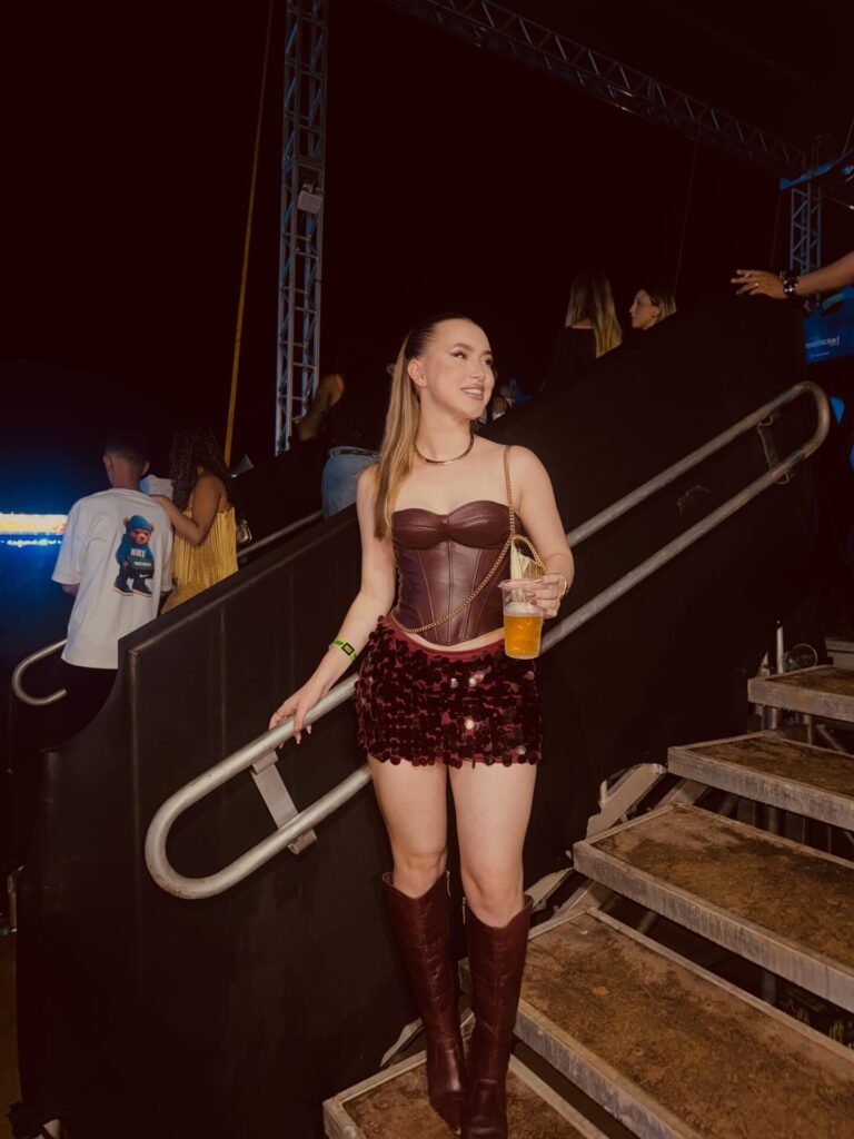 Leather Corset with Sequin Mini Skirt and Cowboy Boots Concert Look