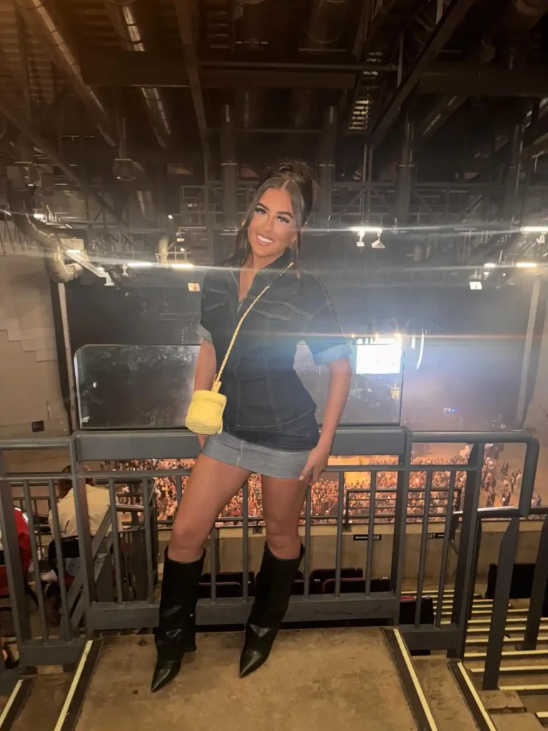 Denim Shirt with Mini Skirt and Pointed Knee-High Boots Concert Look